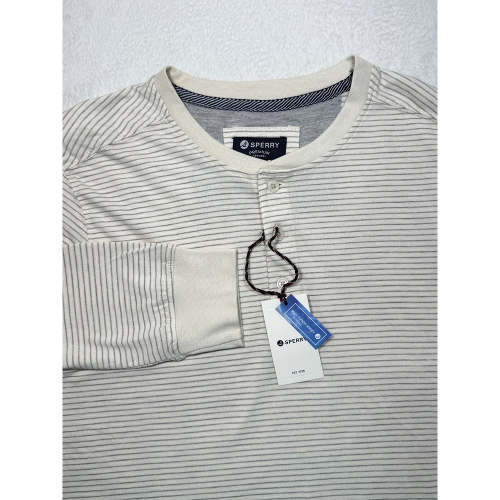 Sperry Mens M Striped Long Sleeve Henley Shirt Cream Grey Soft Jersey
